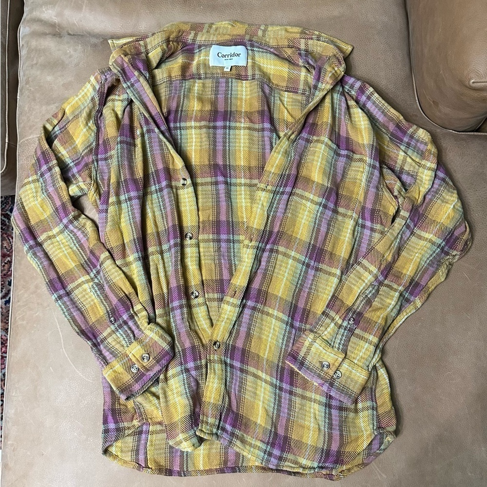 Men's Yellow and Purple Plaid Casual Button Down Shirt